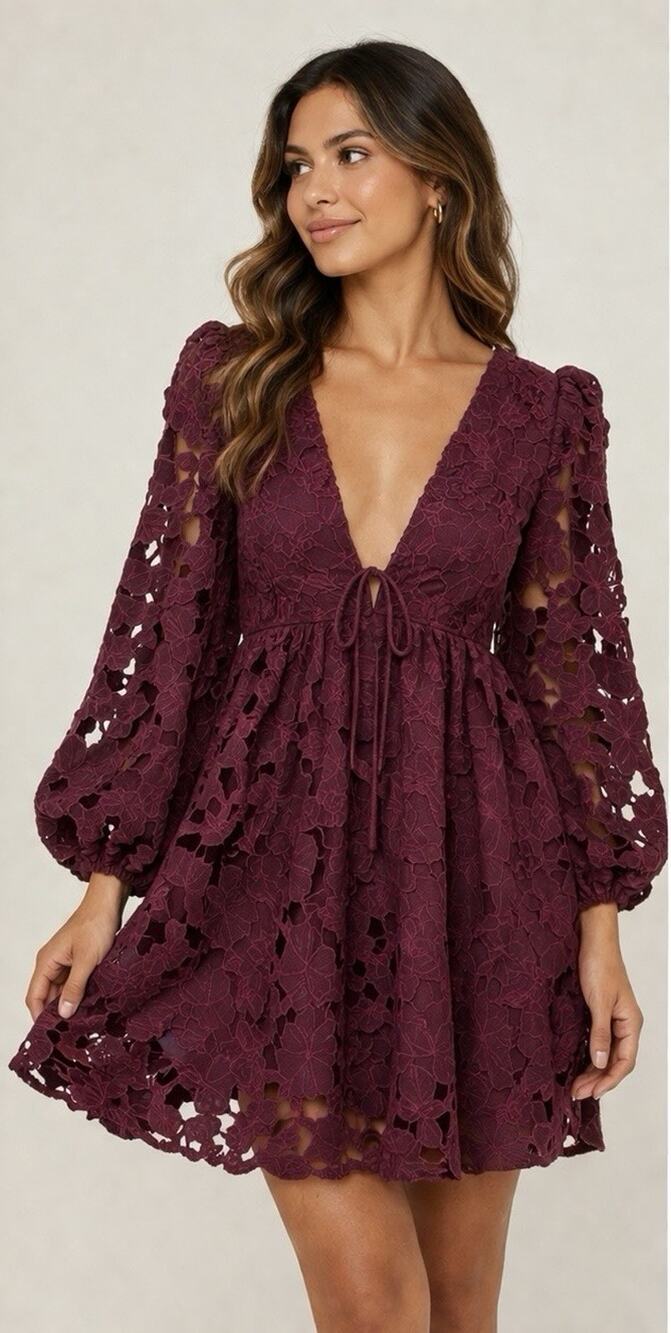 Altar’d State Floral Lace Mini Dress Plum Boho Babydoll Deep V Tie Back Romantic